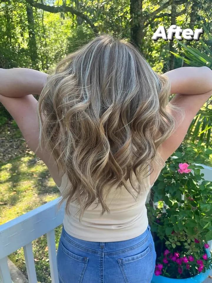 Soft beach waves with blended blonde color, after photo
