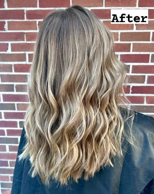 Blonde balayage color result with soft waves, styled at Kozo